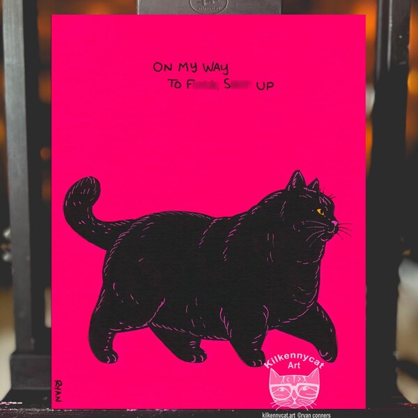 On My Way To F Stuff Up, Chonky Black Cat Acrylic Gouache Painting