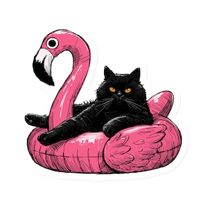 May include: A black cat with yellow eyes lounges on a pink flamingo pool float. The illustration style features detailed linework, giving the image a hand-drawn appearance. The flamingo has a black and white beak.