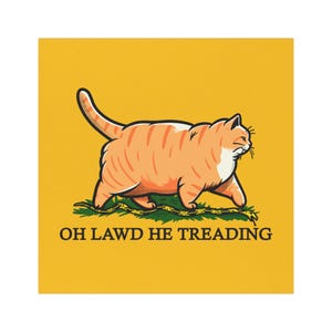 May include: A cartoon illustration of an orange tabby cat walking on a snake with the text "OH LAWD HE TREADING" below.