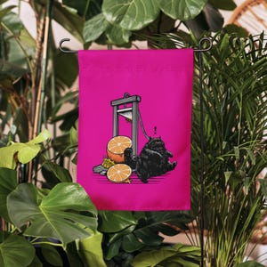 Oops! The Orange Slicer Chonky Black Cat Guillotine Illustration Art Garden flag