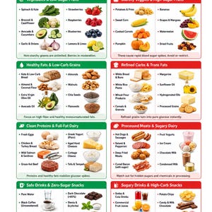 Może przedstawiać: Tabela żywności dla diabetyków zatytułowana Your Daily Visual Guide for Stable Blood Sugar. Tabela jest podzielona na dwie główne kolumny: Foods to Eat z zielonymi nagłówkami i Limit & Avoid z czerwonymi nagłówkami, zawierająca ilustracje.