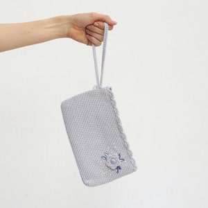 Romantic purse, gray evening bag, flower handbag, bride clutch, natural accessory, crochet wristlet, gray cotton wristlet, gray clutch image 1