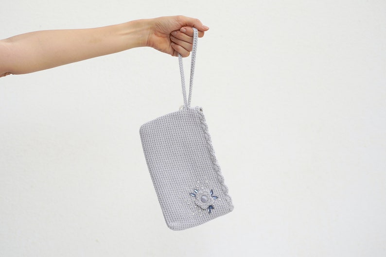 Romantic purse, gray evening bag, flower handbag, bride clutch, natural accessory, crochet wristlet, gray cotton wristlet, gray clutch image 1