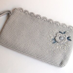 Romantic purse, gray evening bag, flower handbag, bride clutch, natural accessory, crochet wristlet, gray cotton wristlet, gray clutch image 3