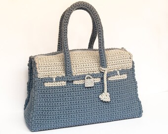 Blue and Grey crochet Birkin bag - handmade bicolor purse with the style of one of the most famous bags