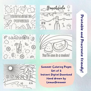 Summer Coloring Pages Set of 5 Printable Download
