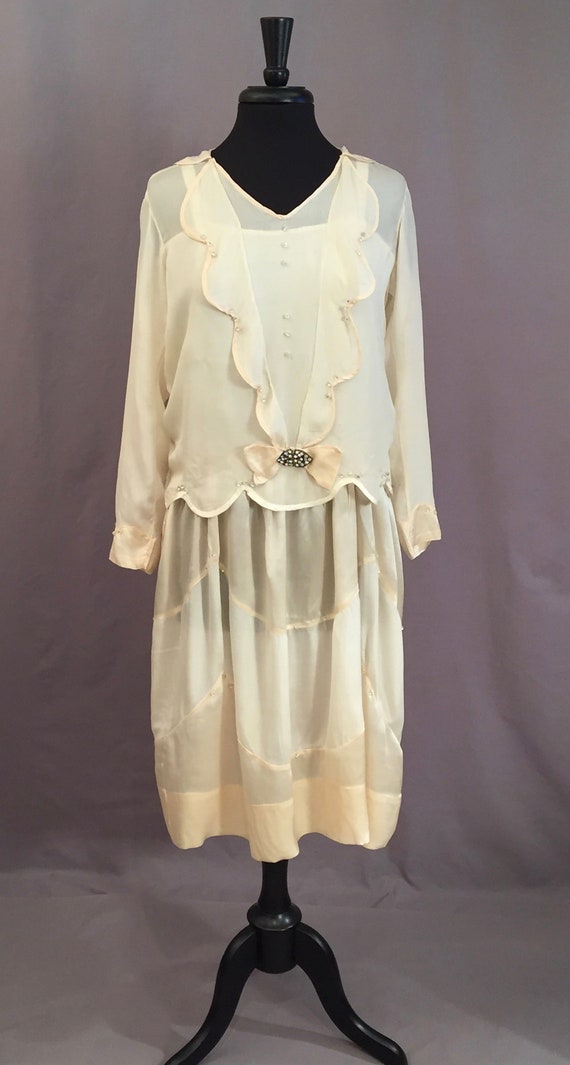 Silk Satin Crepe 1920s Two Piece Dress Rhinestone