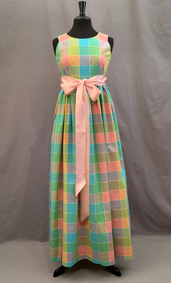 Vintage Summer Pastel Plaid Maxi Dress c1970