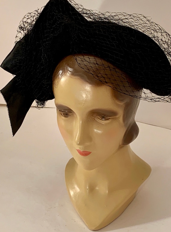 Vintage Hat 1940s Big Bow / Black Felt