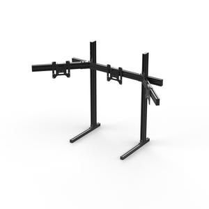May include: A black, freestanding monitor stand designed to hold three screens. The stand has a sturdy base, vertical supports, and horizontal arms to mount the monitors. The design is minimalist and modern, suitable for a home or office setup.