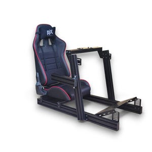 May include: Black and red racing simulator seat with a black metal frame. The seat has a headrest with the letters "RX" on it. The frame is designed to hold the seat and other gaming accessories.