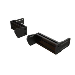 May include: Two black metal brackets with a rectangular design and rounded edges. Each bracket has a flat base with screw holes and a right-angle extension. The brackets are designed for mounting.