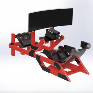 May include: A red and black racing simulator cockpit with a curved black monitor. The rig features a black racing seat, a steering wheel and pedal setup, and a Fanatec device. The frame is constructed from red metal with black accents.