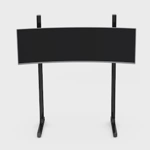 May include: A curved black monitor with a silver trim is mounted on a black stand. The stand has two vertical supports and a base. The monitor is wide and has a slight curve.