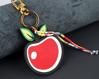 Llavero de manzana de piel de cabra hecho a mano: llavero de fruta