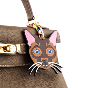 Può includere: Un ciondolo a forma di gatto in pelle marrone con orecchie rosa, occhi blu e baffi bianchi. Il ciondolo è attaccato a una borsa in pelle marrone con finiture dorate. Un cinturino colorato a fantasia collega il ciondolo alla borsa.