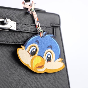 Handmade Leather Blue Bird Bag Charm: Personalized Keychain Accessory