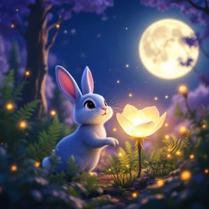 May include: A whimsical illustration of a light blue bunny gazing at a glowing flower in a moonlit forest. The scene is filled with soft light, with a full moon and twinkling stars in the background. The bunny has pink-lined ears.