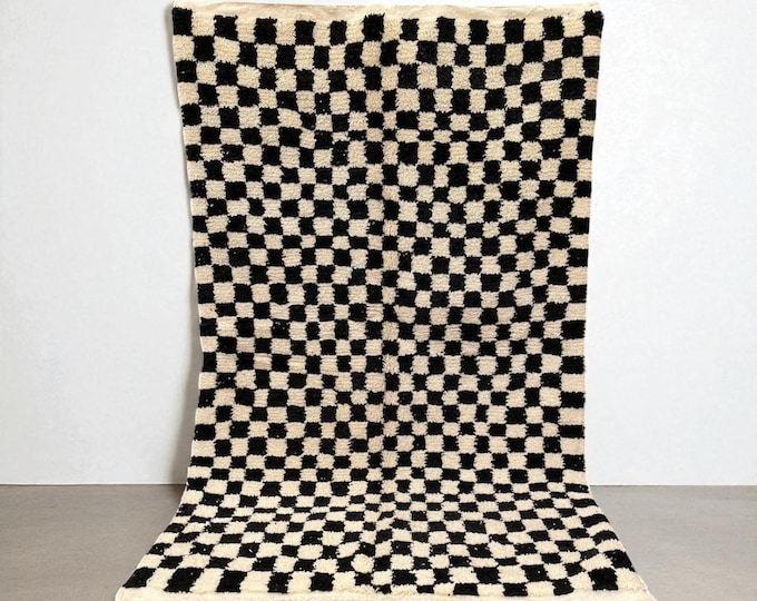Modern Checkerboard Moroccan Rug | Handmade Berber Wool Carpet | 6x9 ft Minimalist Black & White Rug – Custom Sizes Available