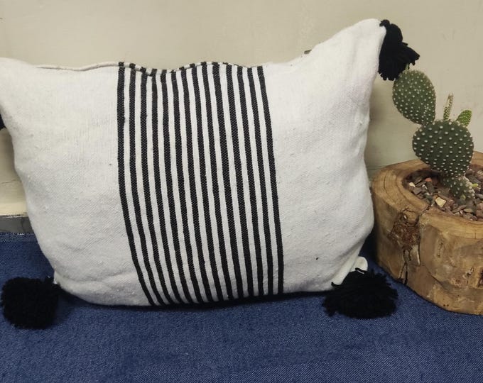 Handmade Moroccan Cotton Pillow: Black and White Striped Throw with Tassels