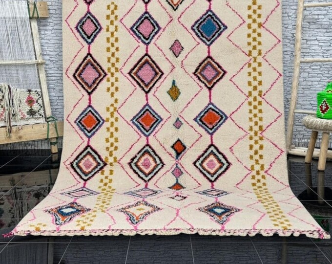 Handmade Moroccan Boucherouite Rug – Colorful Diamond Pattern – Berber Area Rug – Boho Home Decor – Unique Custom Wool Carpet