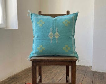 Turquoise Moroccan Throw Pillow, Handmade Berber Cushion, Vintage Rug Pillow, Boho Home Decor, Tribal Accent Pillow, Moroccan Cushion