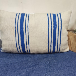 Handwoven Moroccan Wool Pillow – White Cushion with Bright Blue Stripes – Authentic Berber Home Decor – 100% Natural Wool