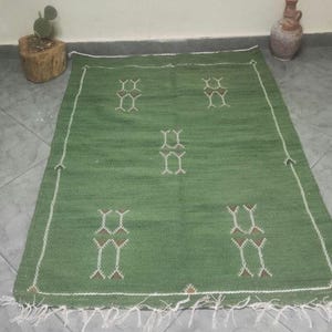 Handwoven Green Berber Wool Rug – Moroccan Tribal Design, Authentic Natural Wool Carpet, 100% Handmade in Morocco