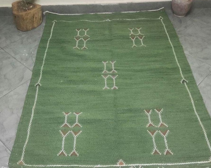 Handwoven Green Berber Wool Rug – Moroccan Tribal Design, Authentic Natural Wool Carpet, 100% Handmade in Morocco