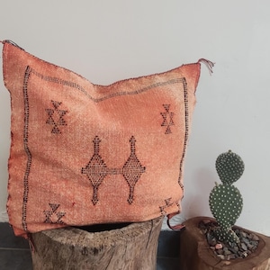 May include: An orange decorative pillow with black geometric patterns. The pillow is placed on a wooden stump next to a small cactus in a wooden planter. The pillow has tassels on the corners.