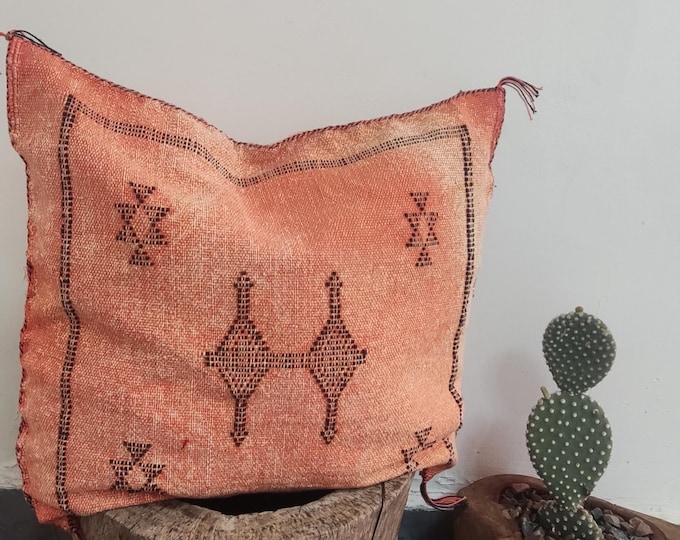 Orange "Sabra" Cushion with Black Pattern – Handwoven Decorative Pillow with Traditional Moroccan Design – 100% Cactus Silk