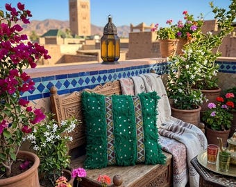 Emerald Moroccan Handira Pillow: Authentic Atlas Heritage Bohemian Home Accent