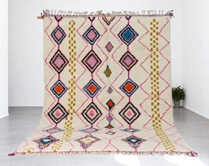 Handmade Moroccan Boucherouite Rug – Colorful Diamond Pattern – Berber Area Rug – Boho Home Decor – Unique Custom Wool Carpet