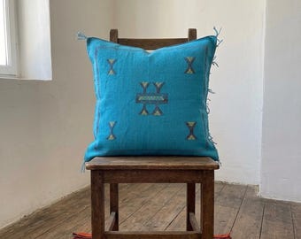 Handmade Moroccan Sabra Cushion Cover 20x20 Inch, Berber Pillow, turqoise Blue Boho Decor, Tribal Throw Pillow, Moroccan Home Accent