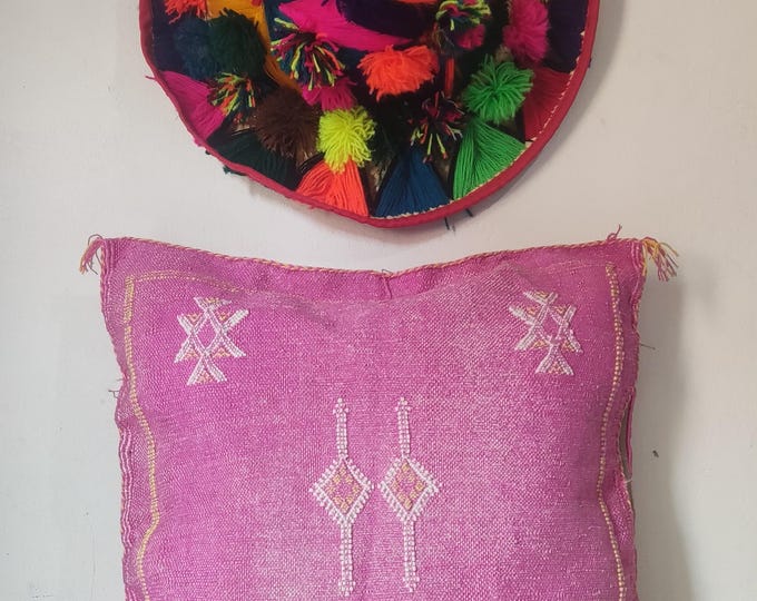 Pink Moroccan Sabra Cactus Silk Pillow: Handmade Berber Embroidered Cushion