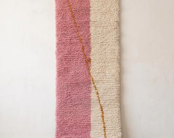 Pink Abstract Moroccan Wool Runner Rug, Handwoven Plush Berber Carpet