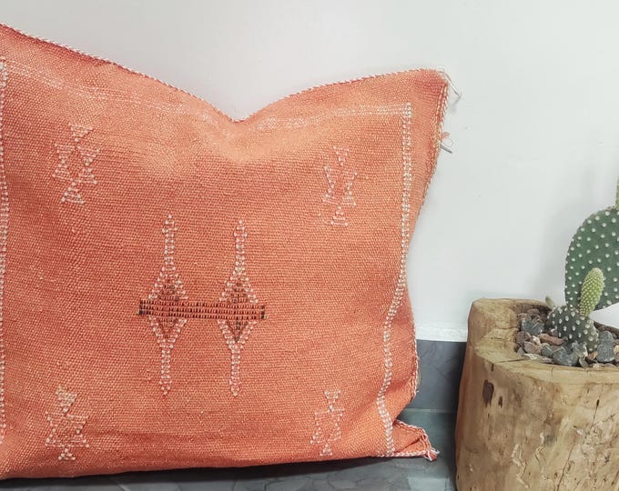 Orange Sabra Cactus Silk Pillow – Handwoven Moroccan Throw Pillow with Embroidery