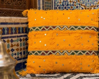 Mustard Yellow Moroccan Handira Pillow, Sequined Boho Throw Cushion Cover