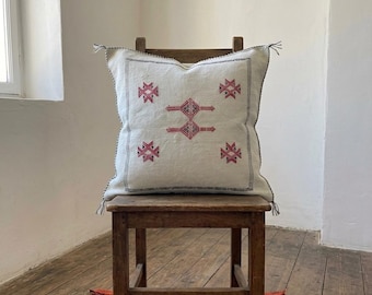 Handmade Moroccan Sabra Cushion Cover 20x20 Inch, Berber Pillow, white Boho Decor, Tribal Throw Pillow, Moroccan Home Accent