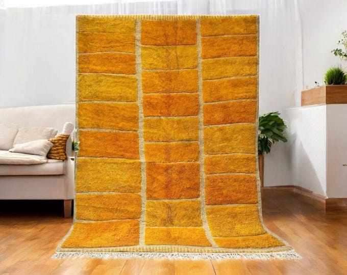 Mustard Moroccan Wool Rug – Brick Pattern Handmade Berber Carpet – High Pile Beni Ourain Style – Boho Mid-Century Decor Area Rug