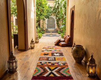 Handmade Wool Runner Rug, Colorful Geometric Berber Carpet, Authentic Azilal Boho Hallway (Custom Size)