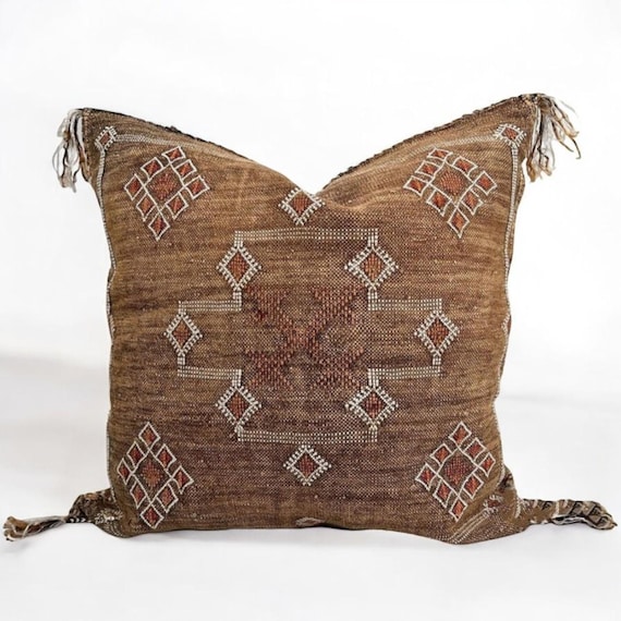 Camel Brown Cactus Silk Pillow Cover: Handmade Moroccan Boho Decor