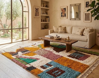 Handmade Moroccan Boucherouite Rug – Colorful Abstract Berber Wool Carpet, Boho Home Decor