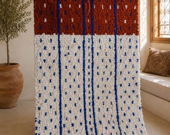 Handmade Moroccan Beni Ourain Style Wool Rug, Boho Tribal Carpet, White Blue Home Decor