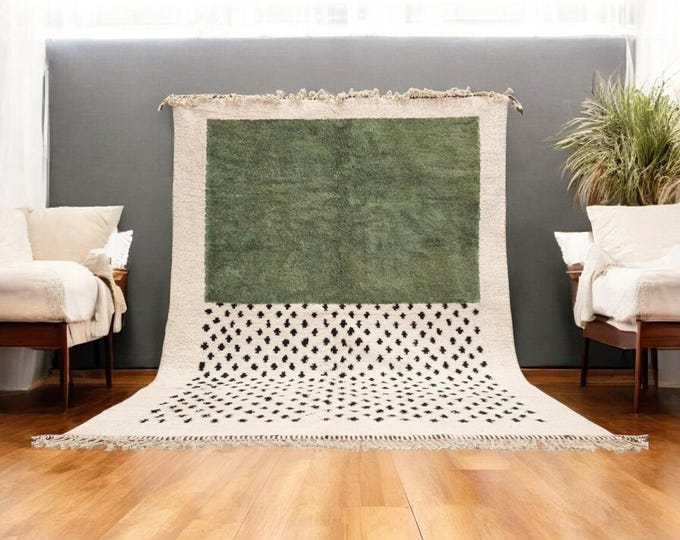 AMAZING DOOTED RUG, Soft Beni Ourain Rug, High-Quality Moroccan Wool Rug, White & Green Rug, Custom Size Area Rug, Handmade Berber Carpet