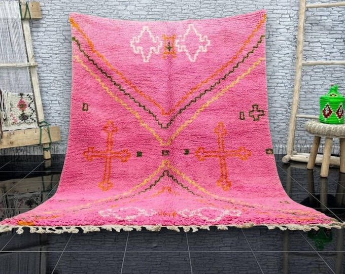 Handmade Pink Moroccan Rug – Beni Ourain Style Wool Carpet –  Boho Decor – Vibrant Tribal Design –  Living Room Statement Rug
