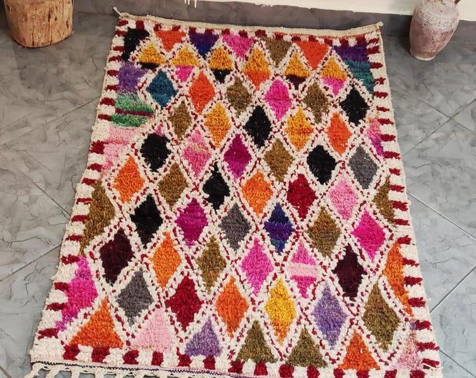 Handmade Moroccan Berber Rug: Vibrant Wool Boucherouite Style, 1.5x1m