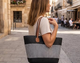 Straw Beach Tote Bag, Black Stripes, Leather Handles, Summer Handbag