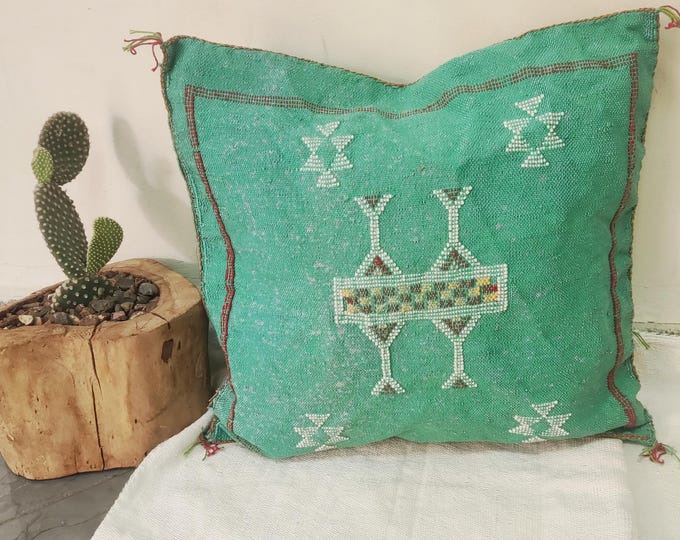 Handmade Moroccan Sabra Pillow – Green Cactus Silk Cushion with Berber Embroidery – Boho Home Decor