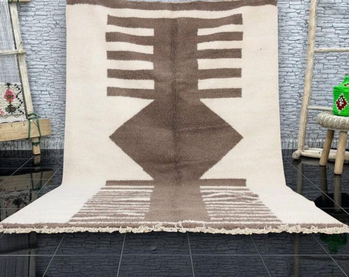 Modern Boho Wool Rug | Handwoven Moroccan Style Area Rug | Neutral Geometric Tribal Carpet | Minimalist Home Decor
